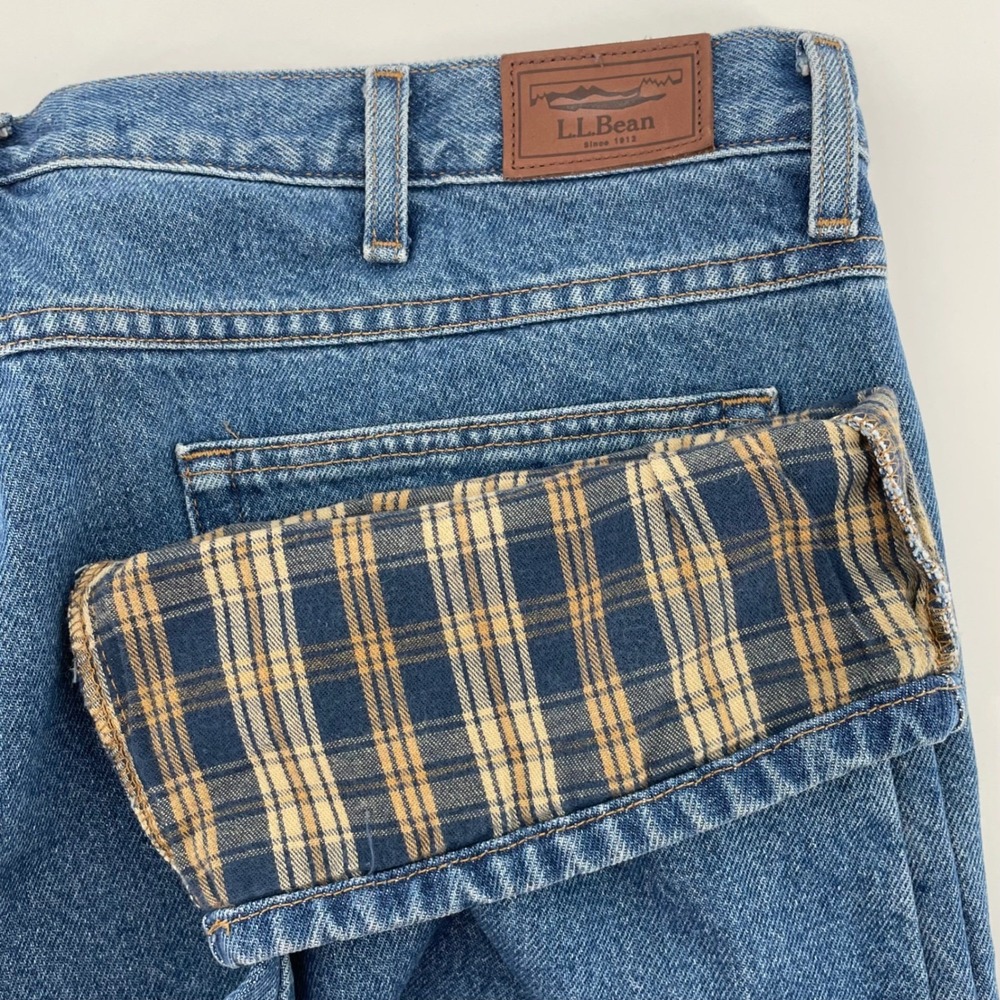 L.L Bean Natural Fit Flannel Lined Jeans Men's Size 40x30 Medium Wash Blue Plaid